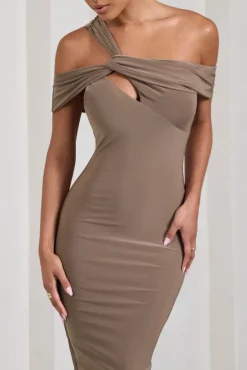 Chain Reaction | Mocha Strappy Asymmetric Bodycon Midi Dress