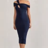 Chain Reaction | Navy Strappy Asymmetric Bodycon Midi Dress