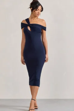 Chain Reaction | Navy Strappy Asymmetric Bodycon Midi Dress