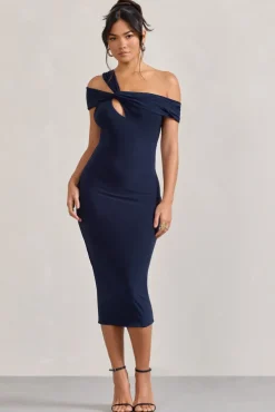 Chain Reaction | Navy Strappy Asymmetric Bodycon Midi Dress