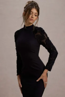 Chandra | Black Mesh Long-Sleeve Midi Dress With Ruffle Hem