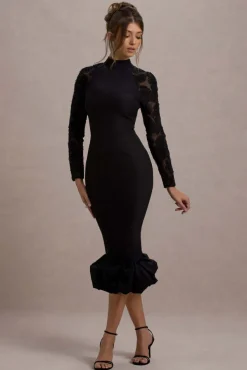 Chandra | Black Mesh Long-Sleeve Midi Dress With Ruffle Hem