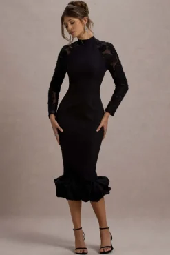 Chandra | Black Mesh Long-Sleeve Midi Dress With Ruffle Hem