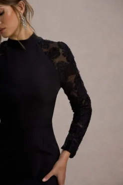 Chandra | Black Mesh Long-Sleeve Midi Dress With Ruffle Hem