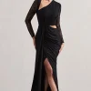 Chantilly | Black Lace Asymmetric Cut-Out Draped Maxi Dress