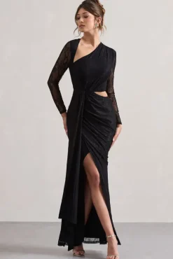Chantilly | Black Lace Asymmetric Cut-Out Draped Maxi Dress