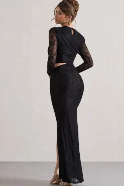 Chantilly | Black Lace Asymmetric Cut-Out Draped Maxi Dress