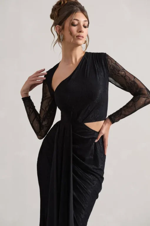 Chantilly | Black Lace Asymmetric Cut-Out Draped Maxi Dress