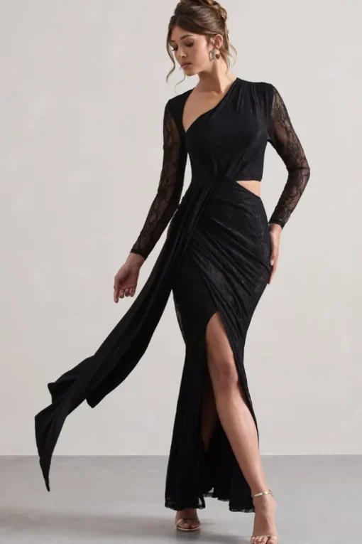 Chantilly | Black Lace Asymmetric Cut-Out Draped Maxi Dress