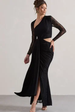 Chantilly | Black Lace Asymmetric Cut-Out Draped Maxi Dress