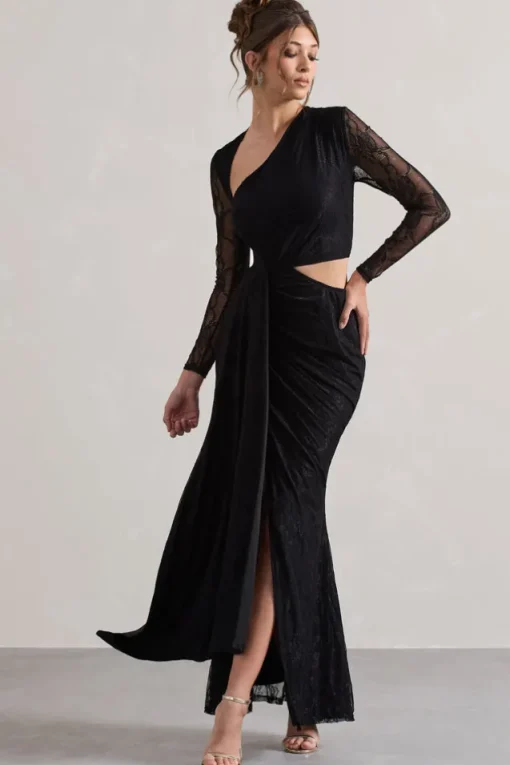 Chantilly | Black Lace Asymmetric Cut-Out Draped Maxi Dress