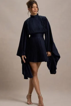 Charity | Navy Pleated High-Neck Mini Dress With Cape Sleeves