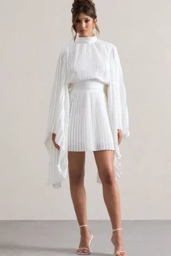 Charity | White Pleated High-Neck Mini Dress With Cape Sleeves