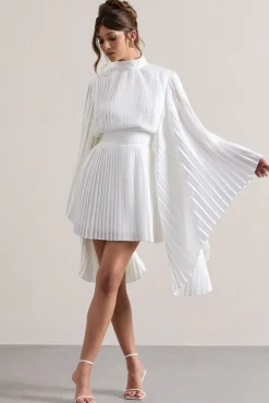 Charity | White Pleated High-Neck Mini Dress With Cape Sleeves