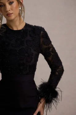 Charli | Black Mesh Long-Sleeve Feather-Trim Mini Dress