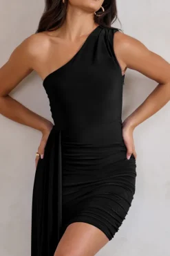 Charlie | Black One Shoulder Ruched Mini Dress With Statement Drape