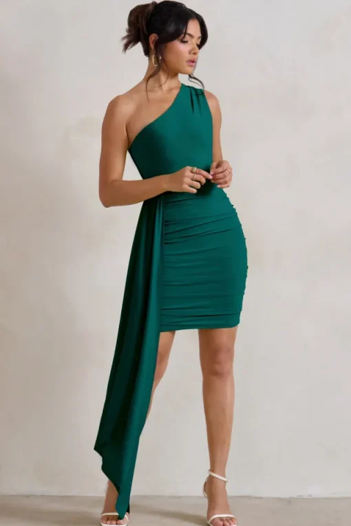 Charlie | Bottle Green One Shoulder Ruched Mini Dress With Statement Drape