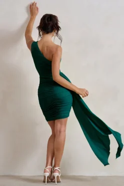 Charlie | Bottle Green One Shoulder Ruched Mini Dress With Statement Drape