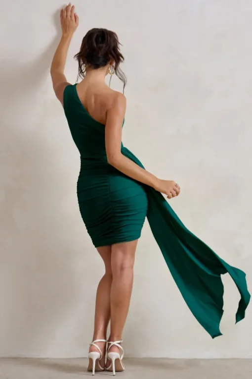 Charlie | Bottle Green One Shoulder Ruched Mini Dress With Statement Drape