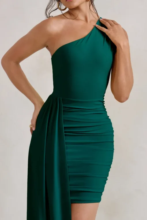 Charlie | Bottle Green One Shoulder Ruched Mini Dress With Statement Drape