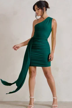 Charlie | Bottle Green One Shoulder Ruched Mini Dress With Statement Drape