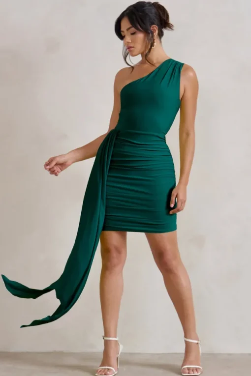Charlie | Bottle Green One Shoulder Ruched Mini Dress With Statement Drape