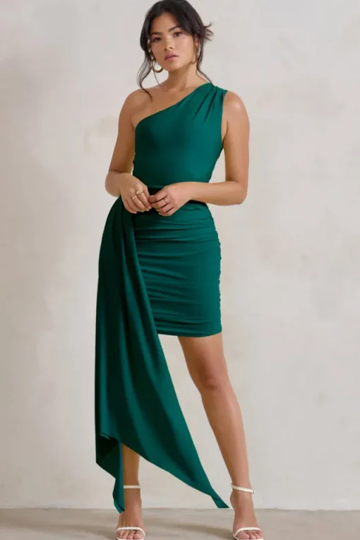 Charlie | Bottle Green One Shoulder Ruched Mini Dress With Statement Drape