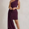 Charlie | Plum One Shoulder Ruched Mini Dress With Statement Drape
