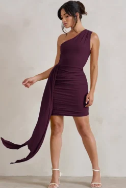 Charlie | Plum One Shoulder Ruched Mini Dress With Statement Drape