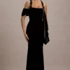 Charlize | Black Velvet Halter-Neck Draped Maxi Dress