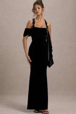 Charlize | Black Velvet Halter-Neck Draped Maxi Dress