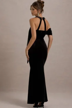 Charlize | Black Velvet Halter-Neck Draped Maxi Dress