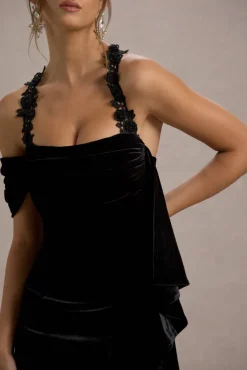 Charlize | Black Velvet Halter-Neck Draped Maxi Dress