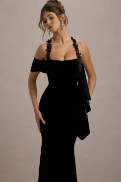 Charlize | Black Velvet Halter-Neck Draped Maxi Dress