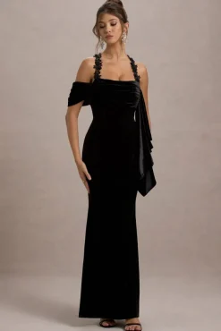 Charlize | Black Velvet Halter-Neck Draped Maxi Dress