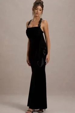 Charlize | Black Velvet Halter-Neck Draped Maxi Dress