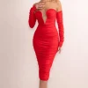 Charlotte | Red Deep Plunge Ruched Long Sleeved Midi Dress
