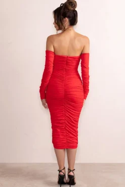 Charlotte | Red Deep Plunge Ruched Long Sleeved Midi Dress