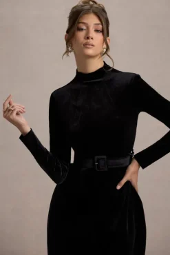 Charm | Black Velvet Turtleneck Long-Sleeve Belted Mini Dress