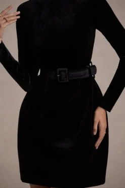 Charm | Black Velvet Turtleneck Long-Sleeve Belted Mini Dress