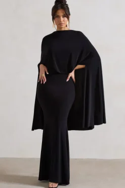 Charmaine | Black High-Neck Maxi Dress With Cape