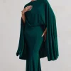 Charmaine | Bottle Green High-Neck Maxi Dress With Cape