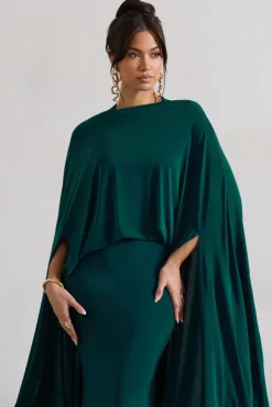 Charmaine | Bottle Green High-Neck Maxi Dress With Cape