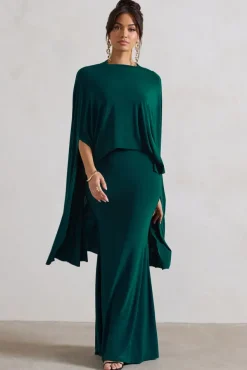 Charmaine | Bottle Green High-Neck Maxi Dress With Cape