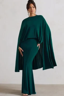 Charmaine | Bottle Green High-Neck Maxi Dress With Cape