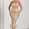 Cherie | Champagne Sequin Corset Midi Dress With Feather Trim