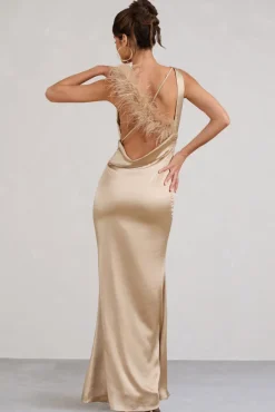 Cherish Me | Gold Satin Asymmetric Cowl Maxi Dress With Feather Strap