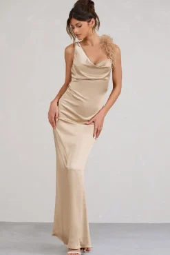 Cherish Me | Gold Satin Asymmetric Cowl Maxi Dress With Feather Strap