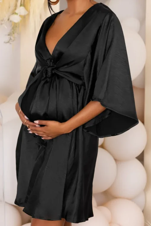 Cherub Surprise | Black Maternity Tie Front Angel Sleeve Mini Dress