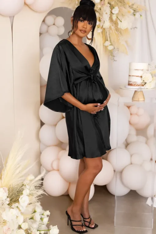 Cherub Surprise | Black Maternity Tie Front Angel Sleeve Mini Dress